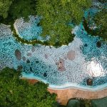 Aerial view of a patterned pool surrounded by trees.
