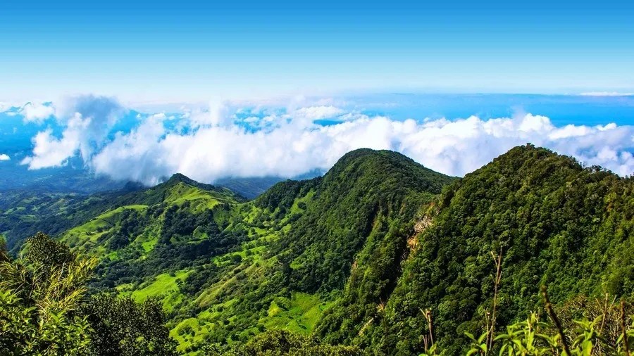 Lush green hills under a bright blue sky with scattered clouds.