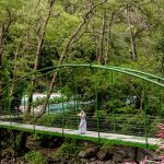 Person in a white dress stands on a green bridge in a lush forest setting.