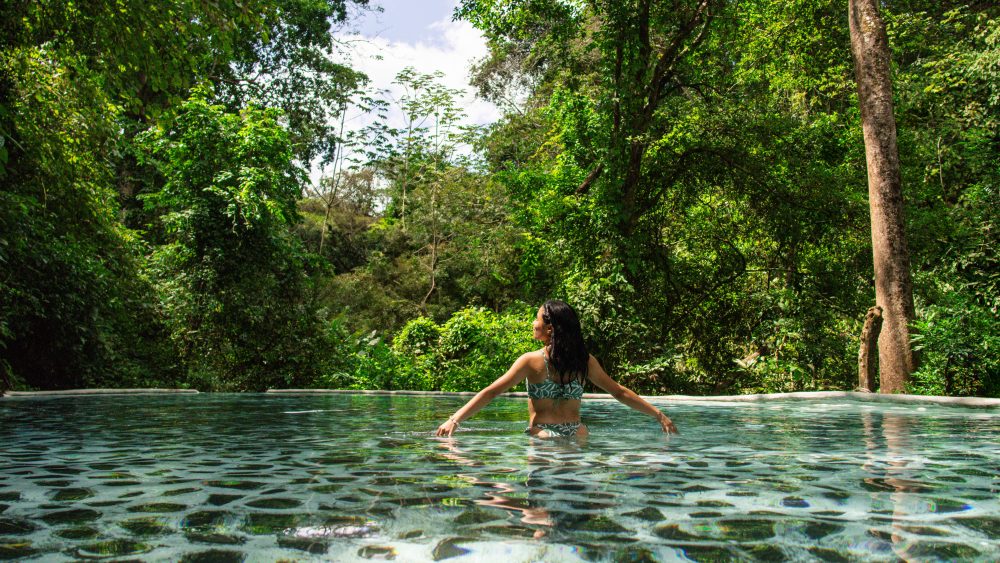 Person in a swimsuit standing in a pool surrounded by lush green trees.
