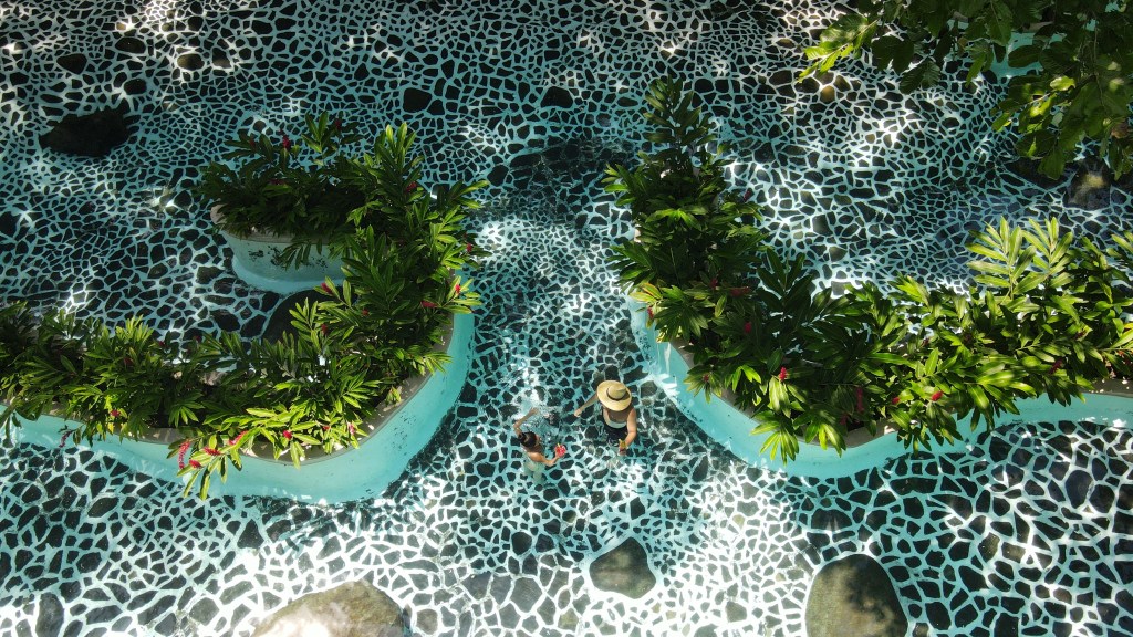 Person in a hat wading in a patterned pool with green plants dividing pathways.