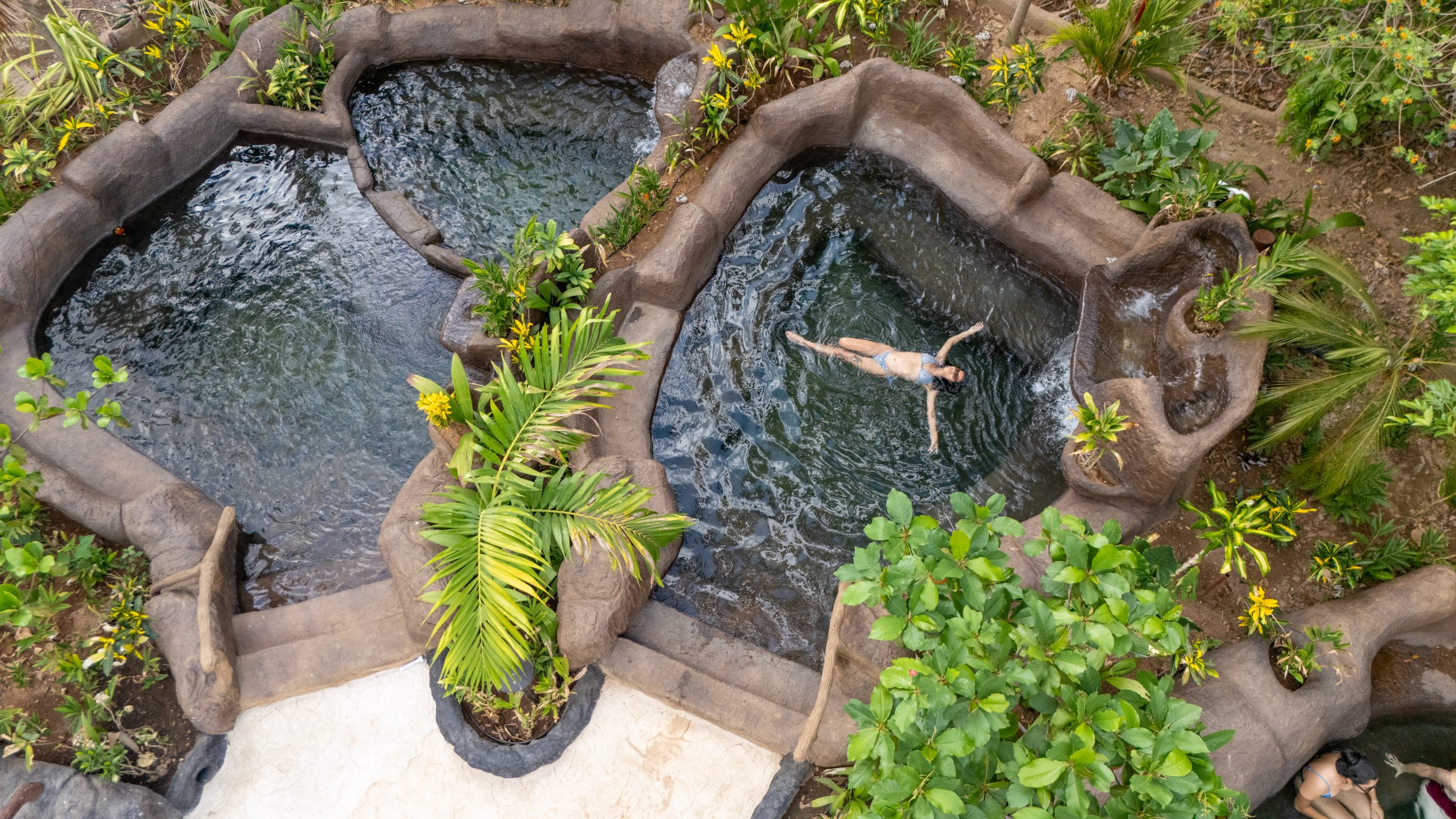 Aerial view of natural pools with a person floating, surrounded by tropical plants.