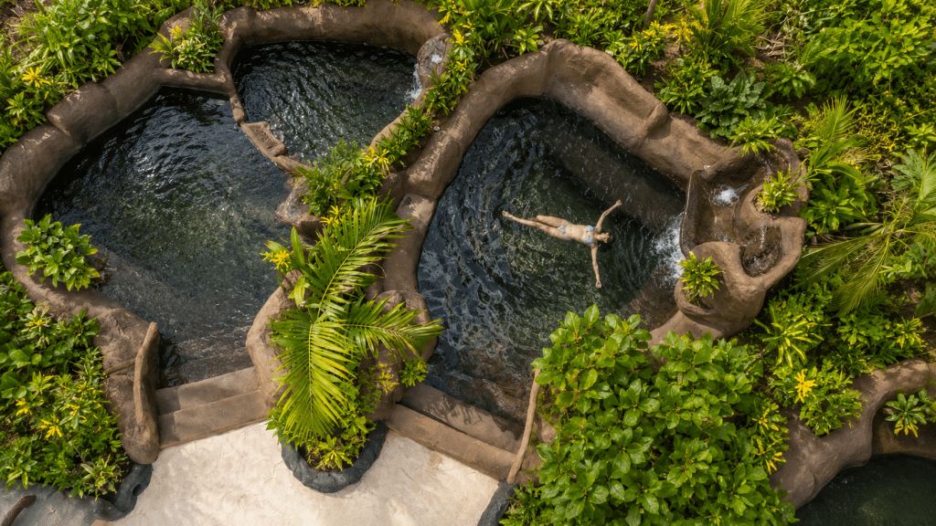 Person floats in a natural pool surrounded by lush greenery.