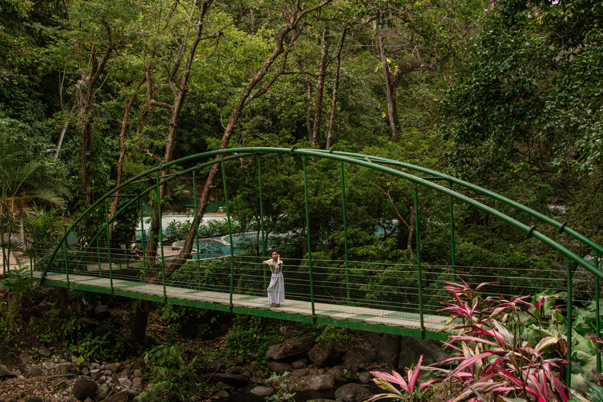 Persona caminando por un puente arqueado verde rodeado de árboles y plantas frondosos.