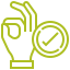 Green hand icon with a check mark symbolizing approval or quality.