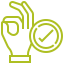 Green hand icon with a check mark symbolizing approval or quality.
