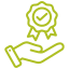 Green icon of a hand holding a badge with a checkmark