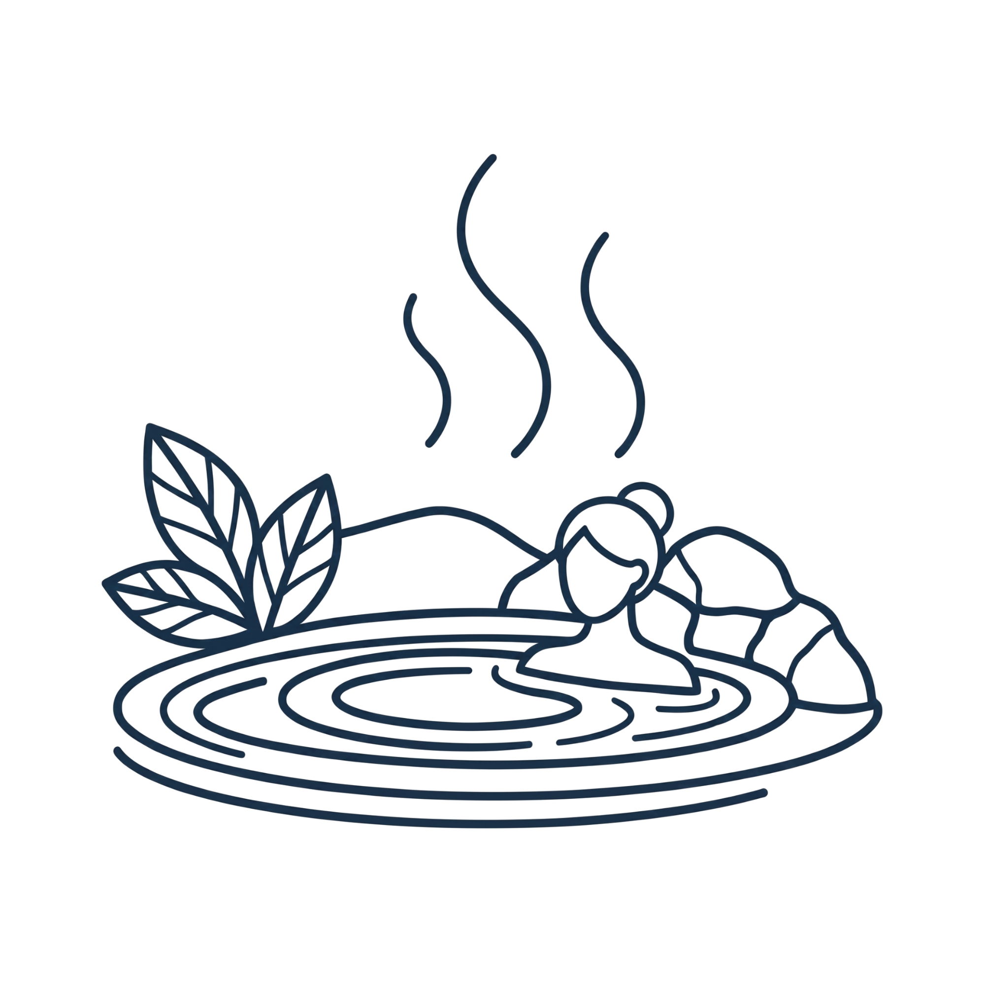 Line art of person in a hot spring with rocks and leaves.