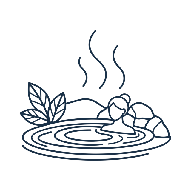 Line art of person in a hot spring with rocks and leaves.