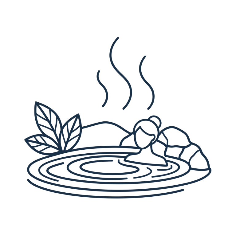Line art of person in a hot spring with rocks and leaves.