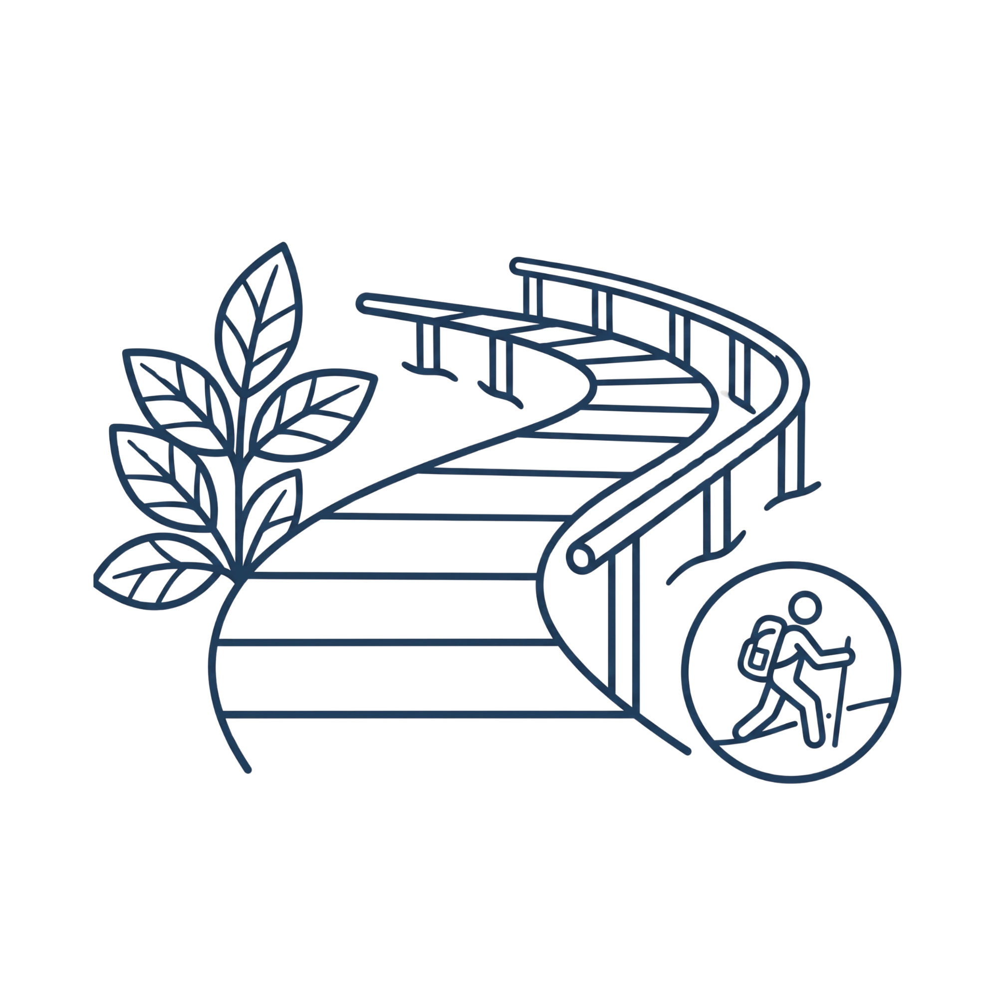 Line drawing of a curved boardwalk with leaves and a hiker icon.