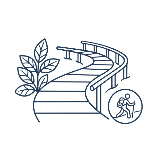 Line drawing of a curved boardwalk with leaves and a hiker icon.