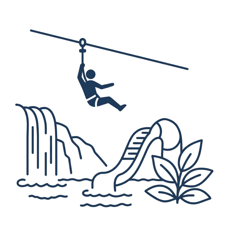 Illustration of a person ziplining over water beside a waterfall and slide.