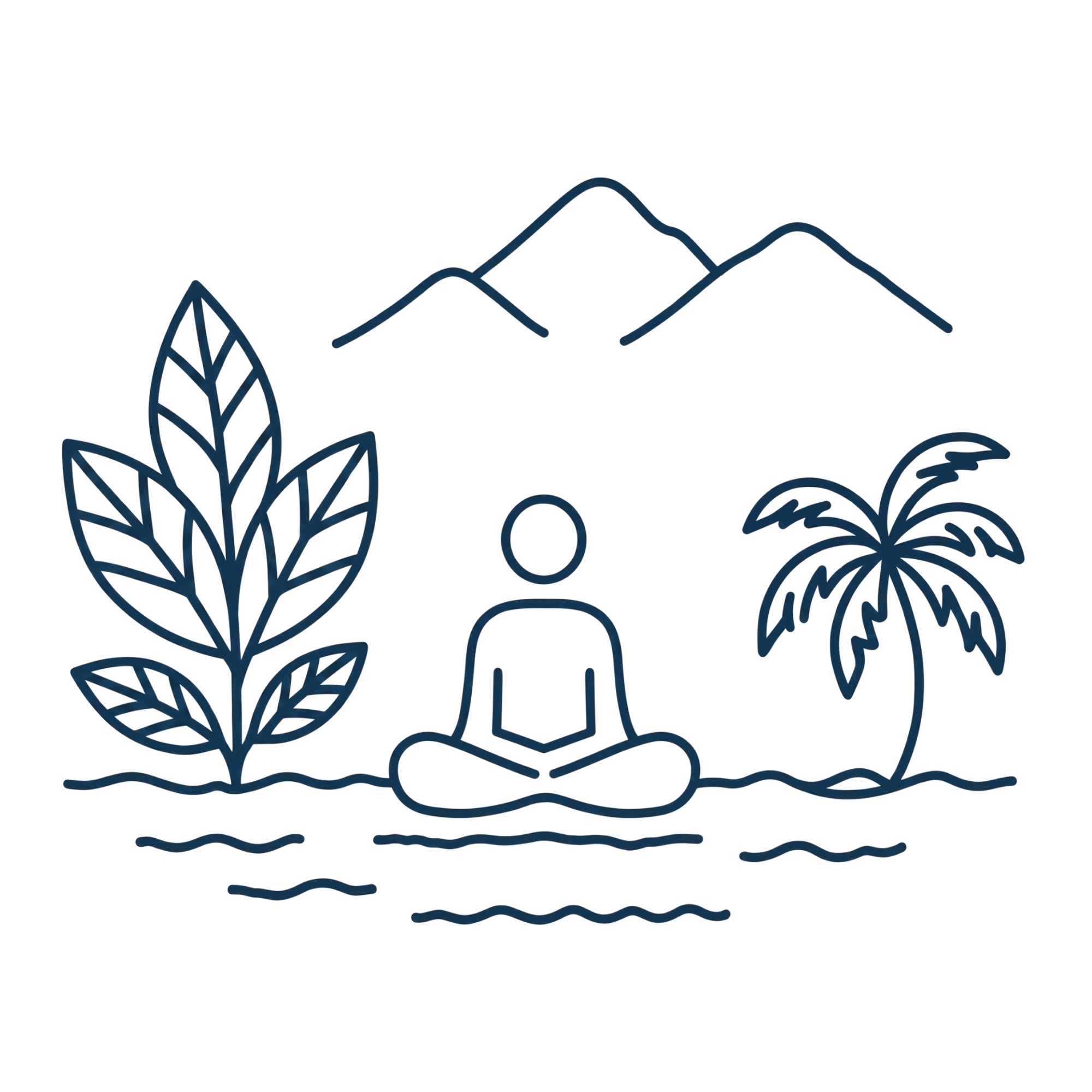 Line drawing of person meditating by plants and mountains.