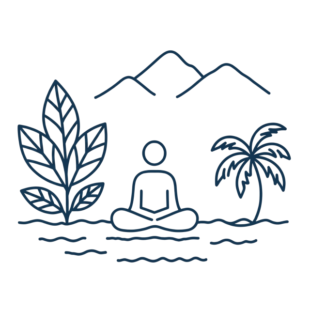 Line drawing of person meditating by plants and mountains.