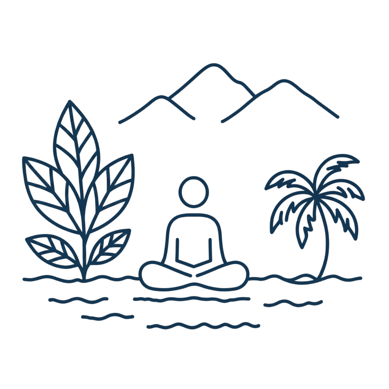 Line drawing of person meditating by plants and mountains.