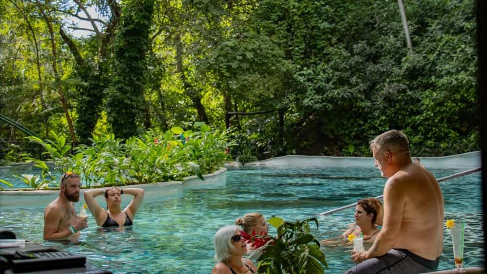 People relaxing in a lush, forested swimming pool, talking and holding drinks.