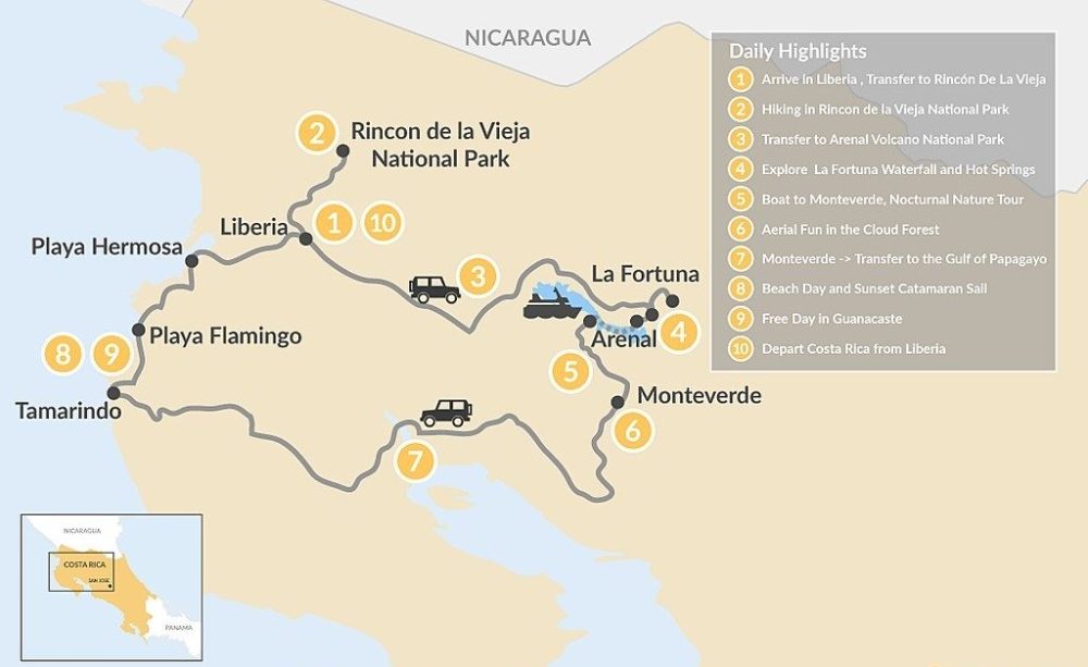 Map of Costa Rica detailing a 10-day travel itinerary with locations and activities.